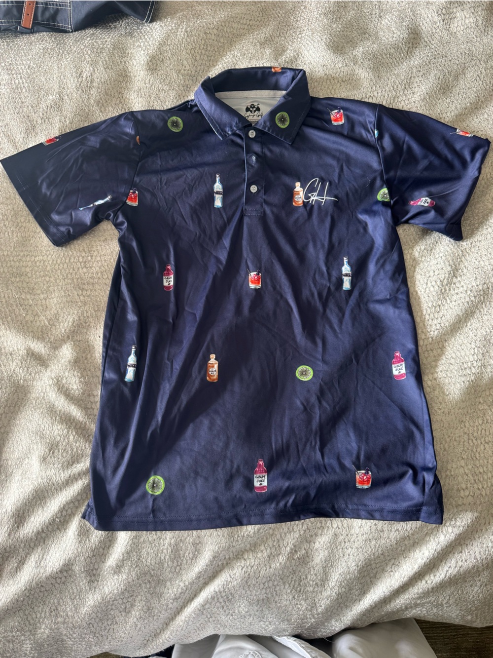Gashouse Golf Women’s golf polo  Navy Polo Shirt with alcohol Print small